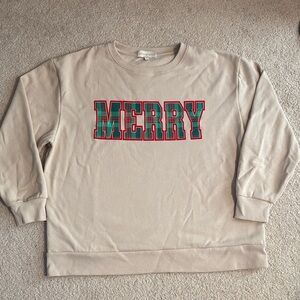 5/$25🌼 Festive Beige “MERRY” Crewneck Sweatshirt